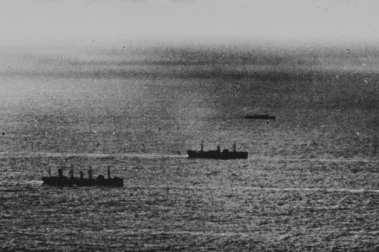 Allied cargo ships of an Atlantic convoy under way during World War II.